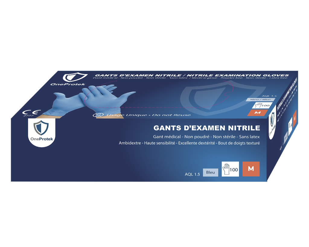 OneProtek - BOITE de 100 Gants d'examen Nitrile - BLEU - Taille M