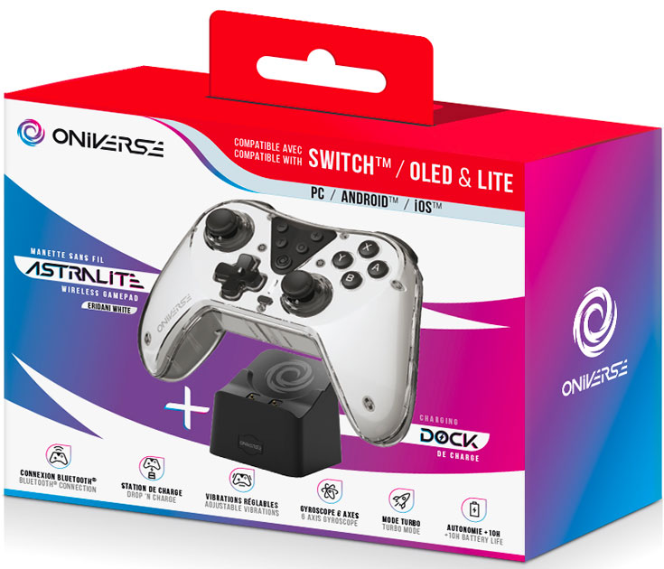 ONIVERSE - Pack ASTRALITE Eridani White Controller + charging station - Wireless Bluetooth for Nintendo Switch / PC / IOS / Android